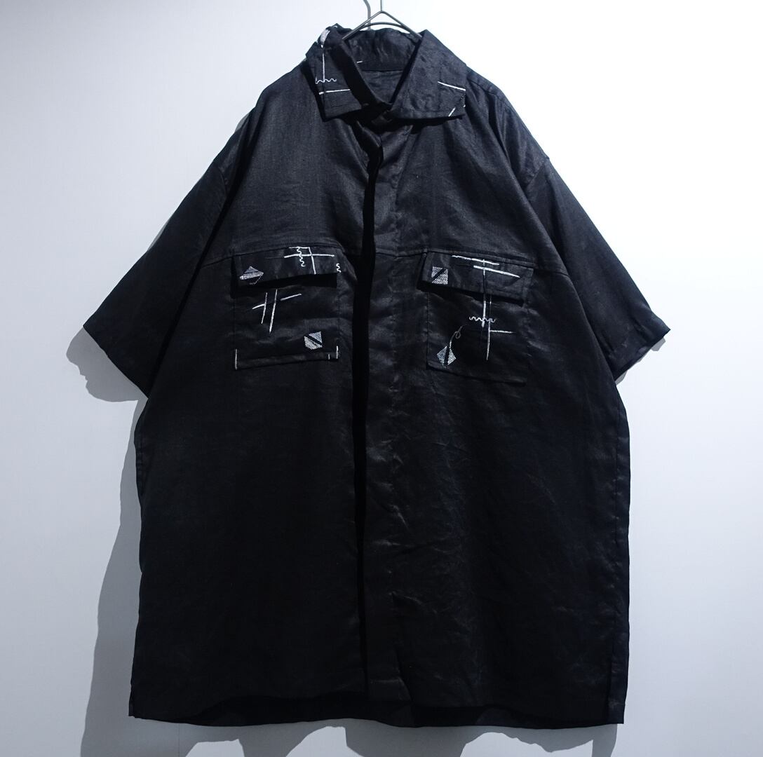 Black Embroidered Double Flap Pocket Design Linen Shirt