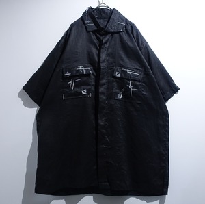Black Embroidered Double Flap Pocket Design Linen Shirt