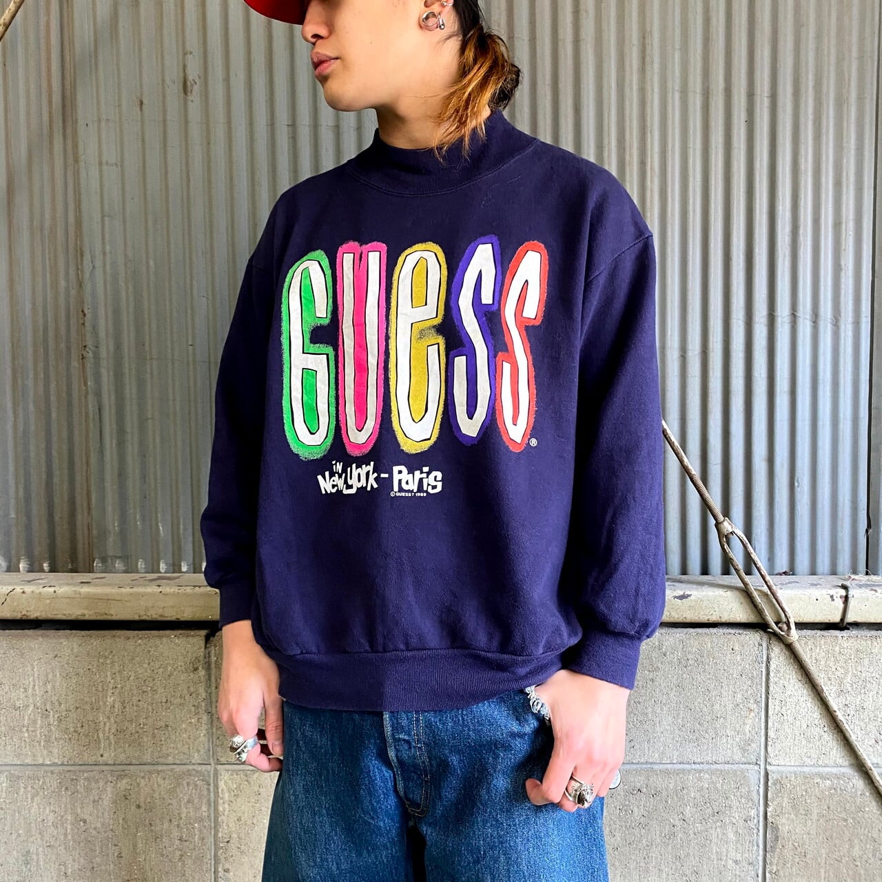 80年代 GUESS ゲス フロントロゴプリント モックネック スウェットシャツ メンズS-M相当 レディースM-L相当 古着 USA製 ハイネック  80S ビンテージ ヴィンテージ トレーナー ネイビー 紺色【スウェット】 | cave 古着屋【公式】古着通販サイト powered by BASE