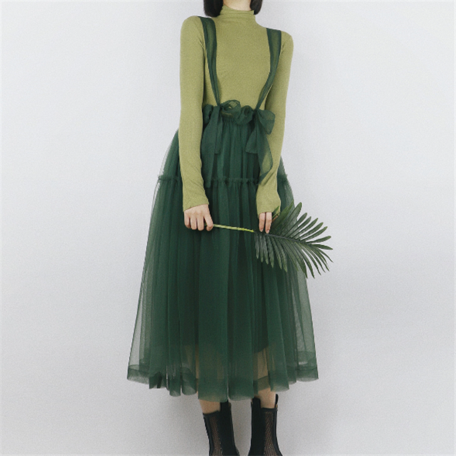 【Tea Tree】チュールフレアストラップ付きロングスカート 4color 10384