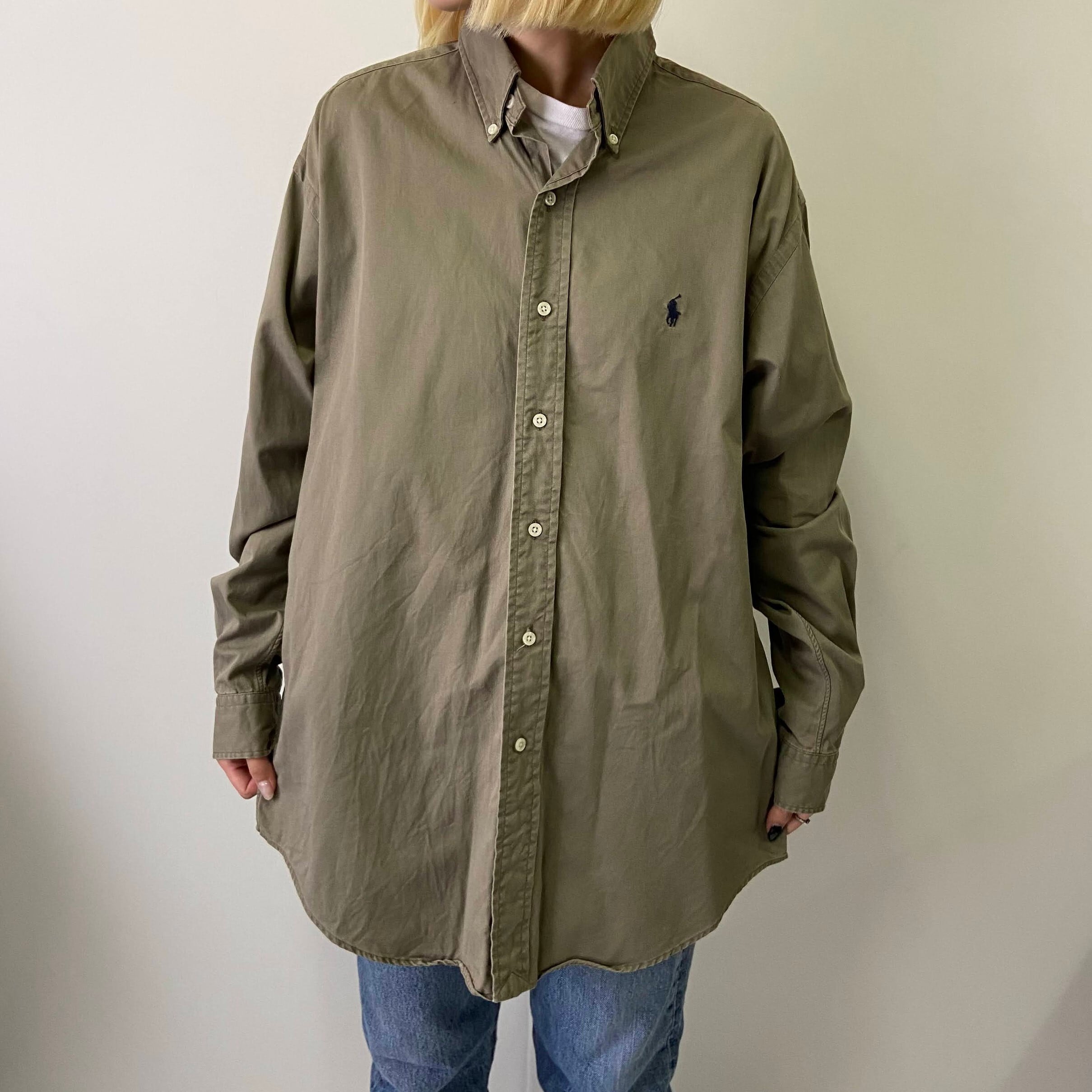 は*な様 【Ralph Lauren】ヴィンテージ　カーキブラウン ボタン装飾ジ Ralph Lauren ラルフローレン BLAKE 長袖 ボタンダウンシャツ メンズM