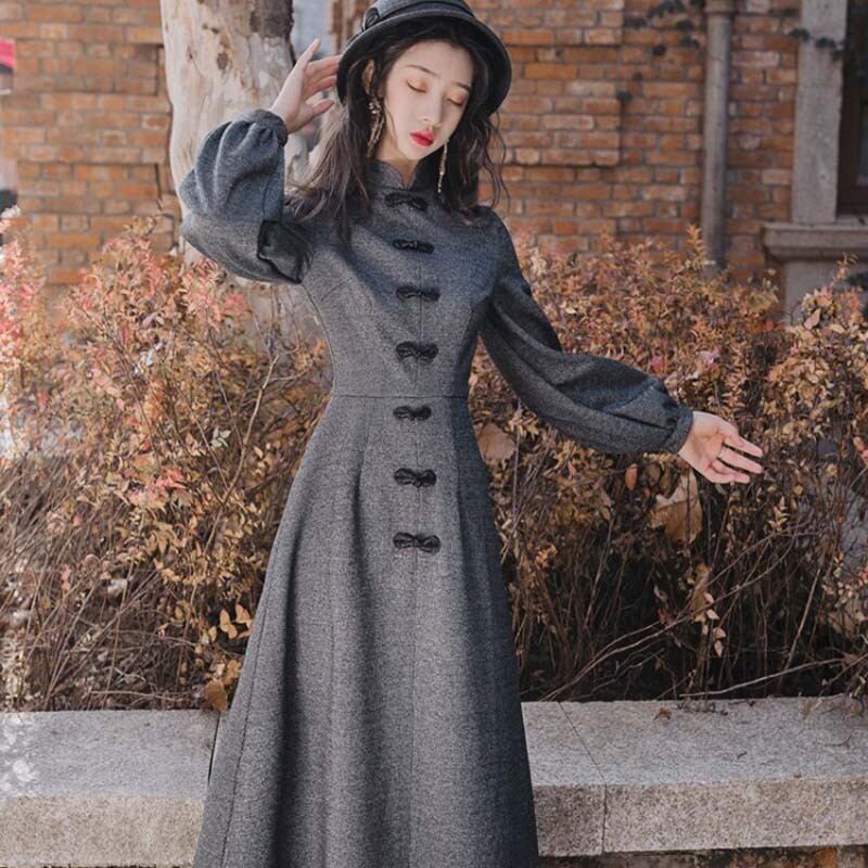 吾家有衣シリーズ チャイナ風ワンピース 厚て 秋冬服 同窓会 デート ランタンスリーブ S M L Xl グレー Elegant