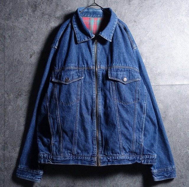 Denim Swing Top Type Check Desgin Zip Trucker Jacket