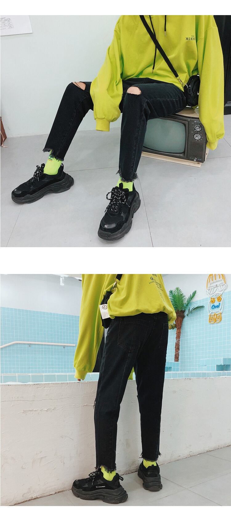 全2色 デニム パンツ ストレート カジュアル ダメージ 無地