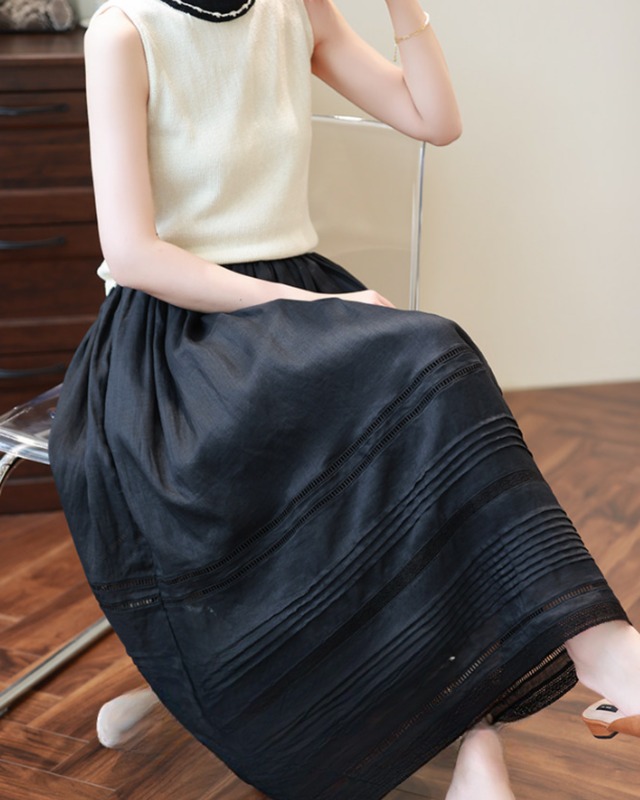 リネンブラックレース付きミディ丈スカート