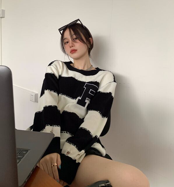 スタイルストライプセーター オータムルーズブラウス プルオーバー コート ロング 秋物 モンロー18920616861