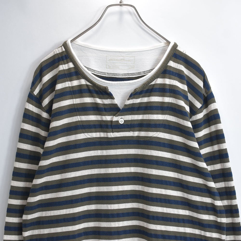 00s~ Eddie Bauer エディーバウアー フェイクレイヤード デザイン ヘンリーキーネック マルチカラー ボーダー ロングスリーブTシャツ 長袖 ヴィンテージ ビンテージ USA アメリカ古着 メンズL相当