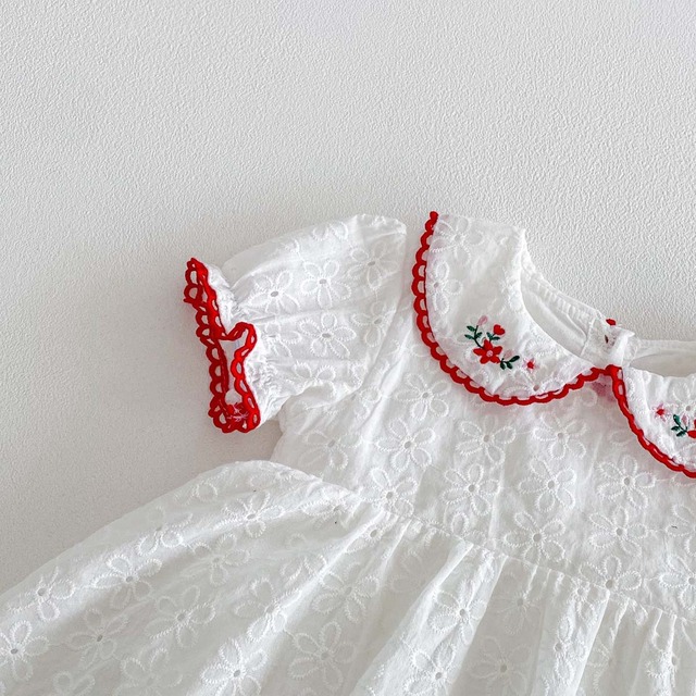 【BABY】フラワー刺繍丸襟半袖ロンパースワンピース - 11