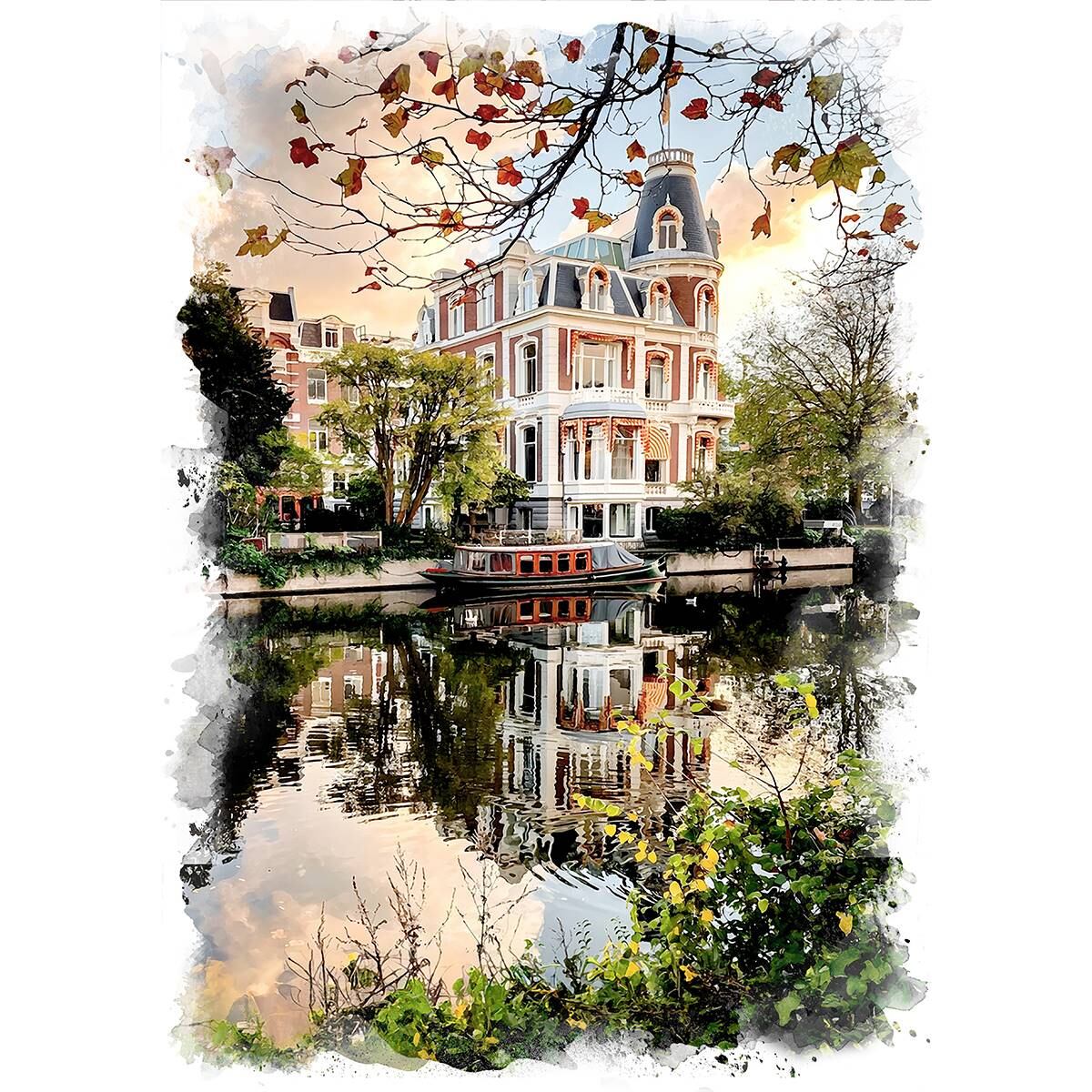 絵画 風景画(街並み) 秋のオランダ アムステルダムの紅葉 インテリア