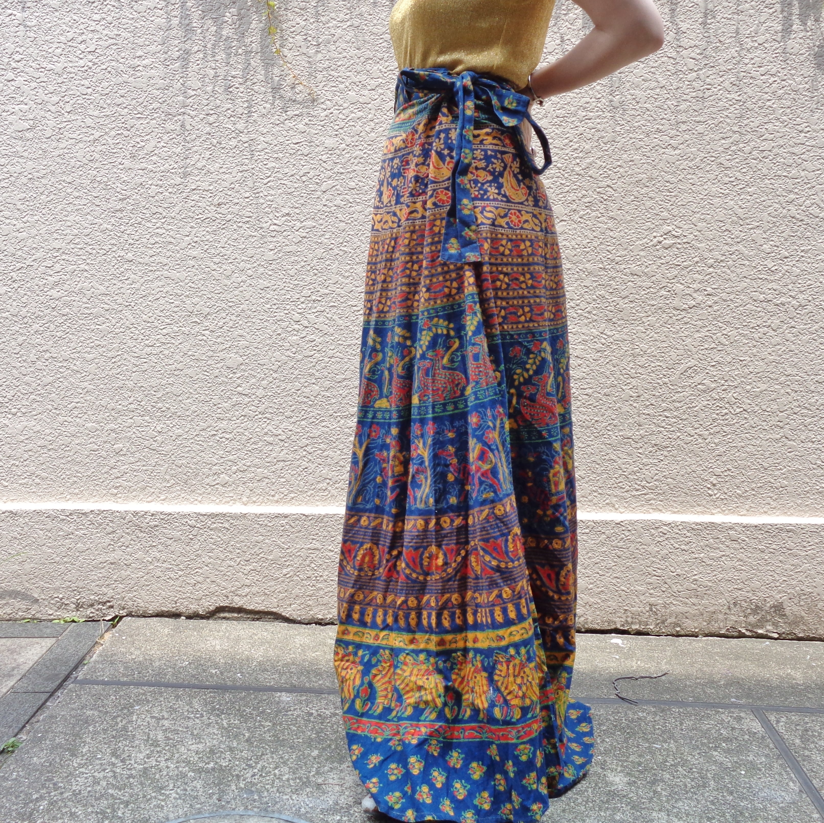 Indian cotton handblockprint wrapskirt／インド綿 ハンドブロック