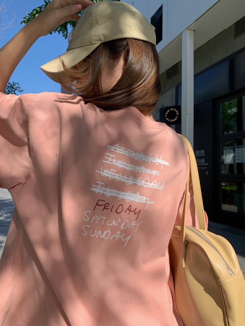 スリーブTシャツ サマールーズトップス ピンク 夏物 ブラックストロベリース91209271401