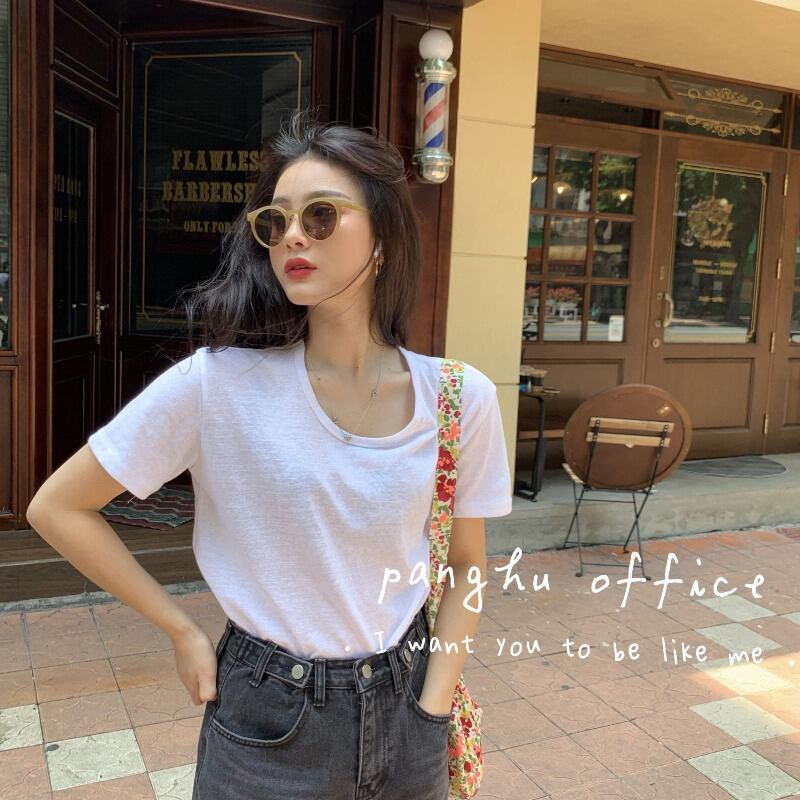 ラウンドネックベーシックホワイトTシャツ シャツ レディースサマールーズトップス 夏物 Oネック ブラックストロベリース27810956048