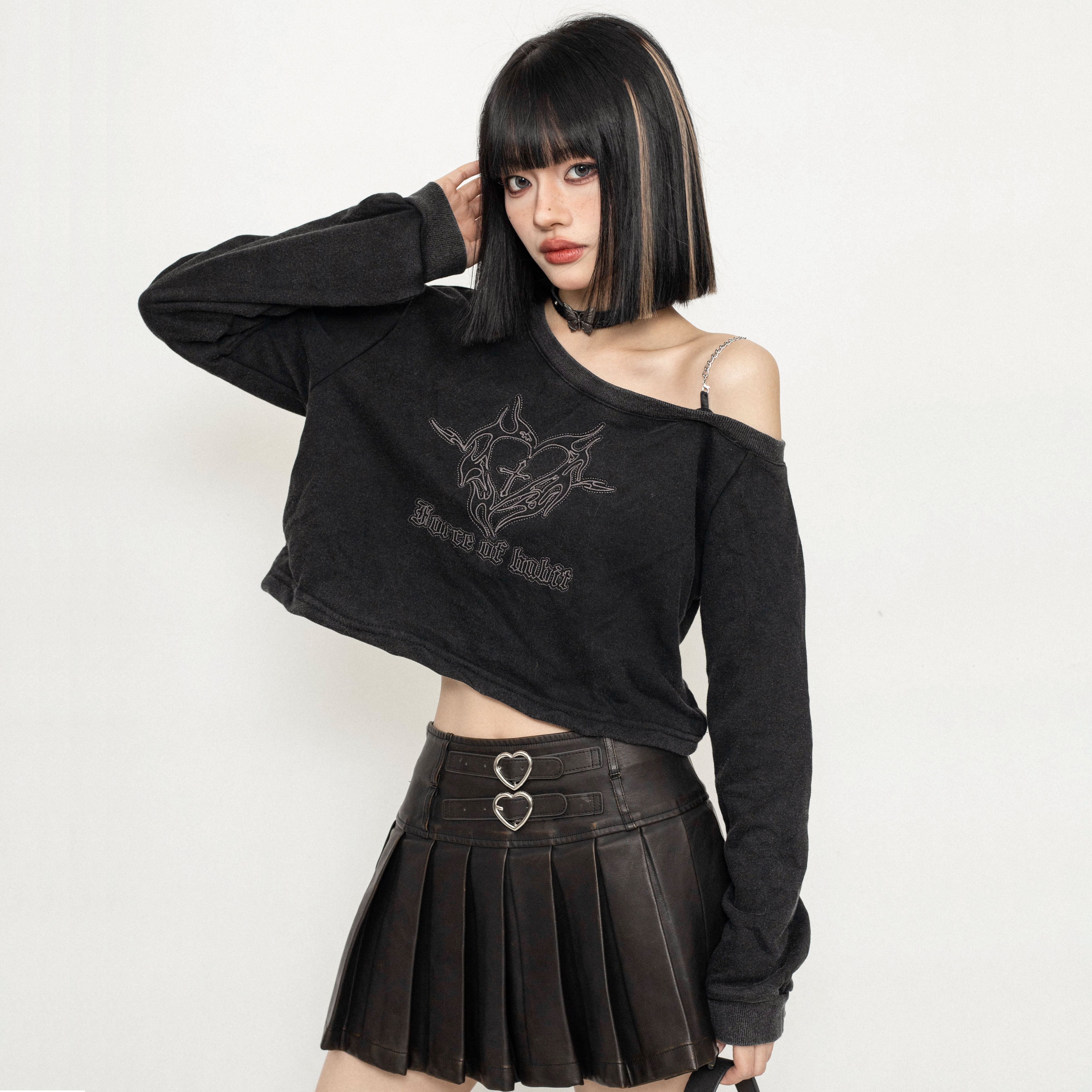全2色 Tシャツ ワンショルダー チェーンストラップ クロップド丈