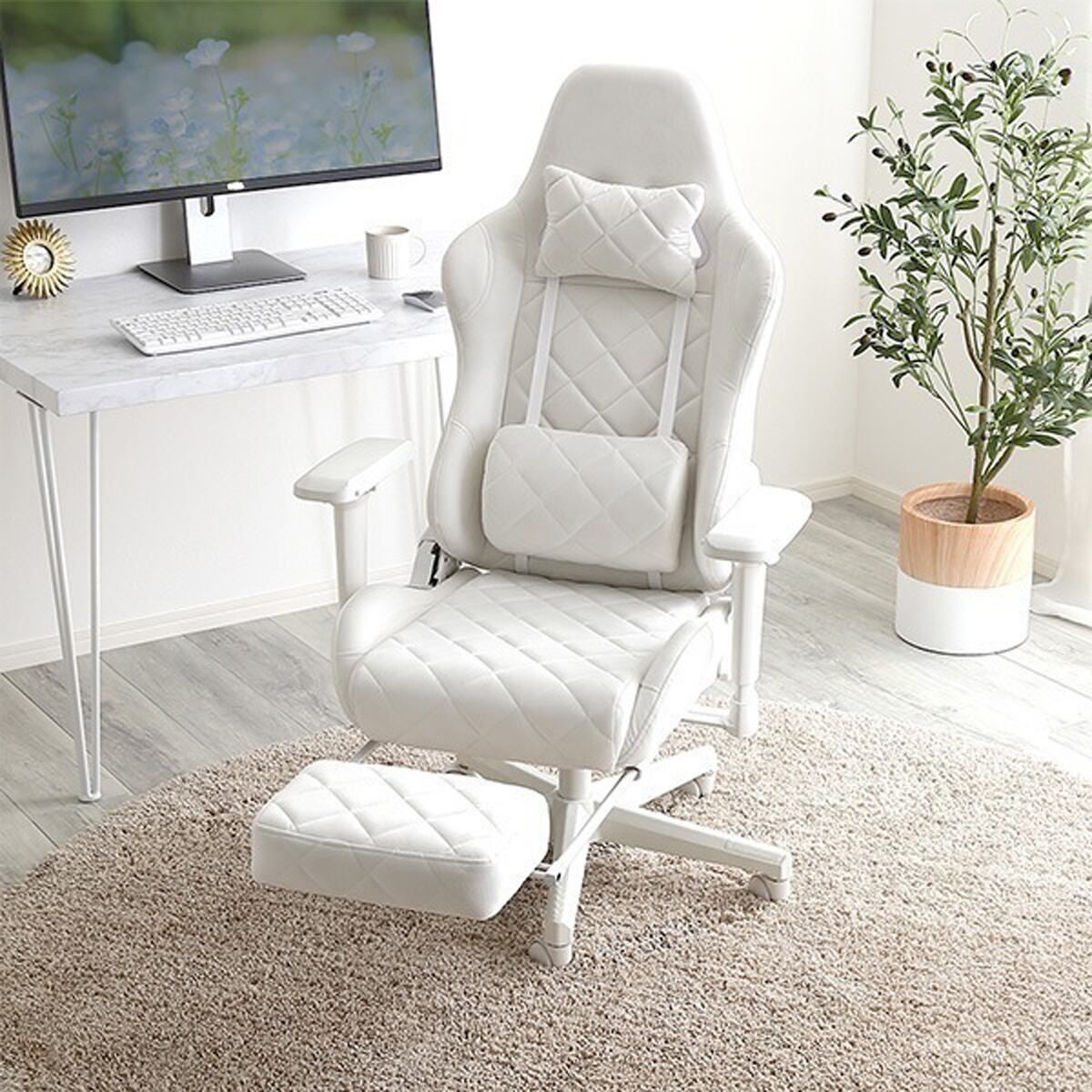 大人かわいい ゲーミングチェア オットマン付き 4Dアーム リクライニング フットレスト