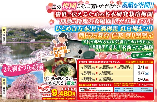 2020年3月愛知発,岐阜発,絶景一度は見たいしだれ梅鈴鹿の森庭園と朝ドラ舞台の信楽で窯元見学に梅の名所月ヶ瀬梅林日帰りバスツアー9480円