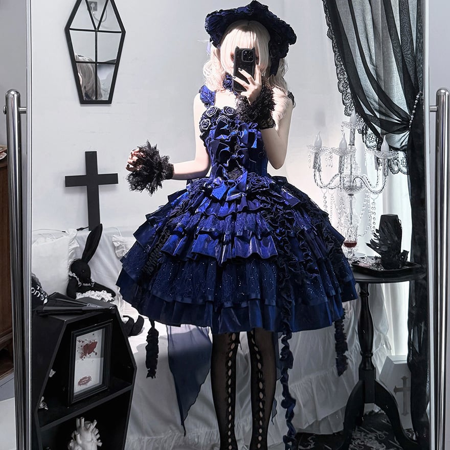 大人ゴシック セットアップ 青薔薇×夜蝶ドレス 姫袖シャツ×JSK｜WithU