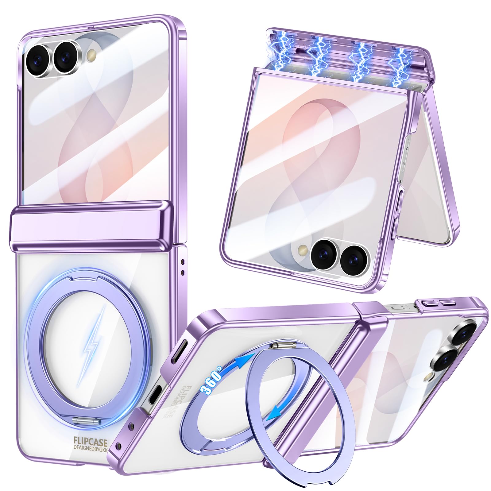 Galaxy Z Flip8 用 ケース MagSafe対応 360°回転スタンド ワイヤレス充電 Uovon フィルム付き 磁気式ヒンジ・パープル