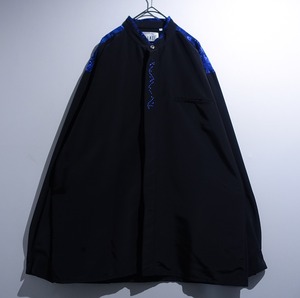 "PRONTI" Black Stud & Geometric Design Band Collar Shirt