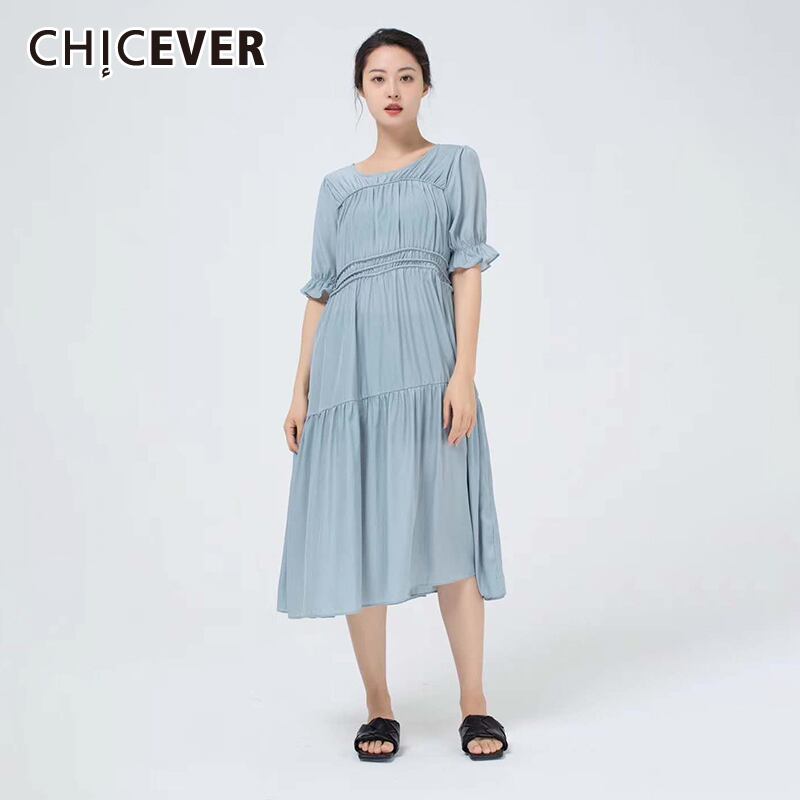 CHICEVERサマードレスレディースOネックパフ半袖シャーリングウエストパッチワークドレス2020サマータイド ショート ハーフスリーブ 夏物 6base52627999447