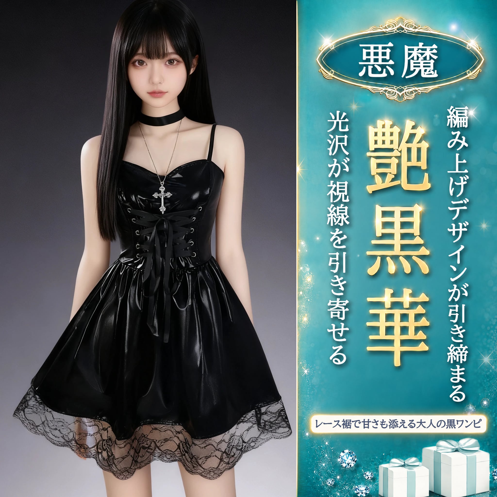 〔サキュバス〕ブラック光沢 ゴシックコルセットドレス レースヘム ワンピース