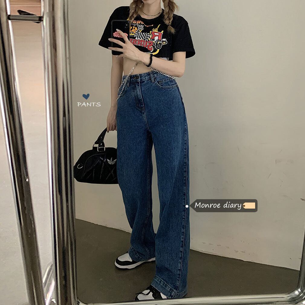 ダークブルーハイウェストウェストスリムジーンズ サマールーズパンツ 夏物 モンロー20166561122