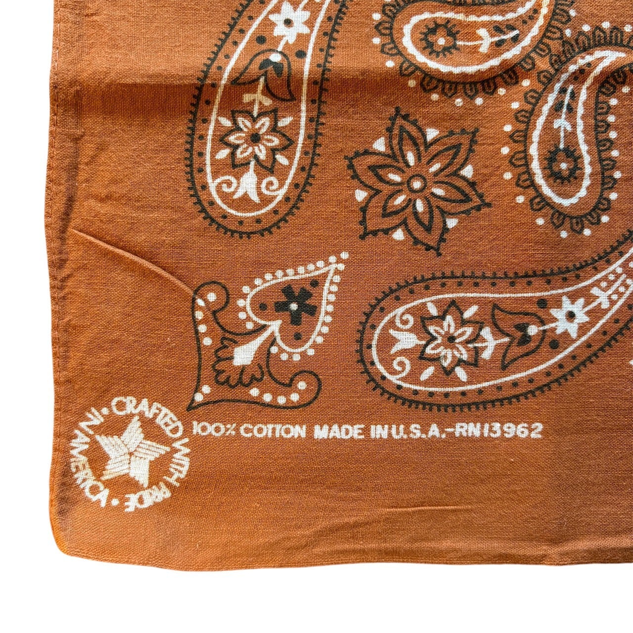 80's USA製 バンダナ オレンジブラウン 花柄 ペイズリー 片耳 コの字