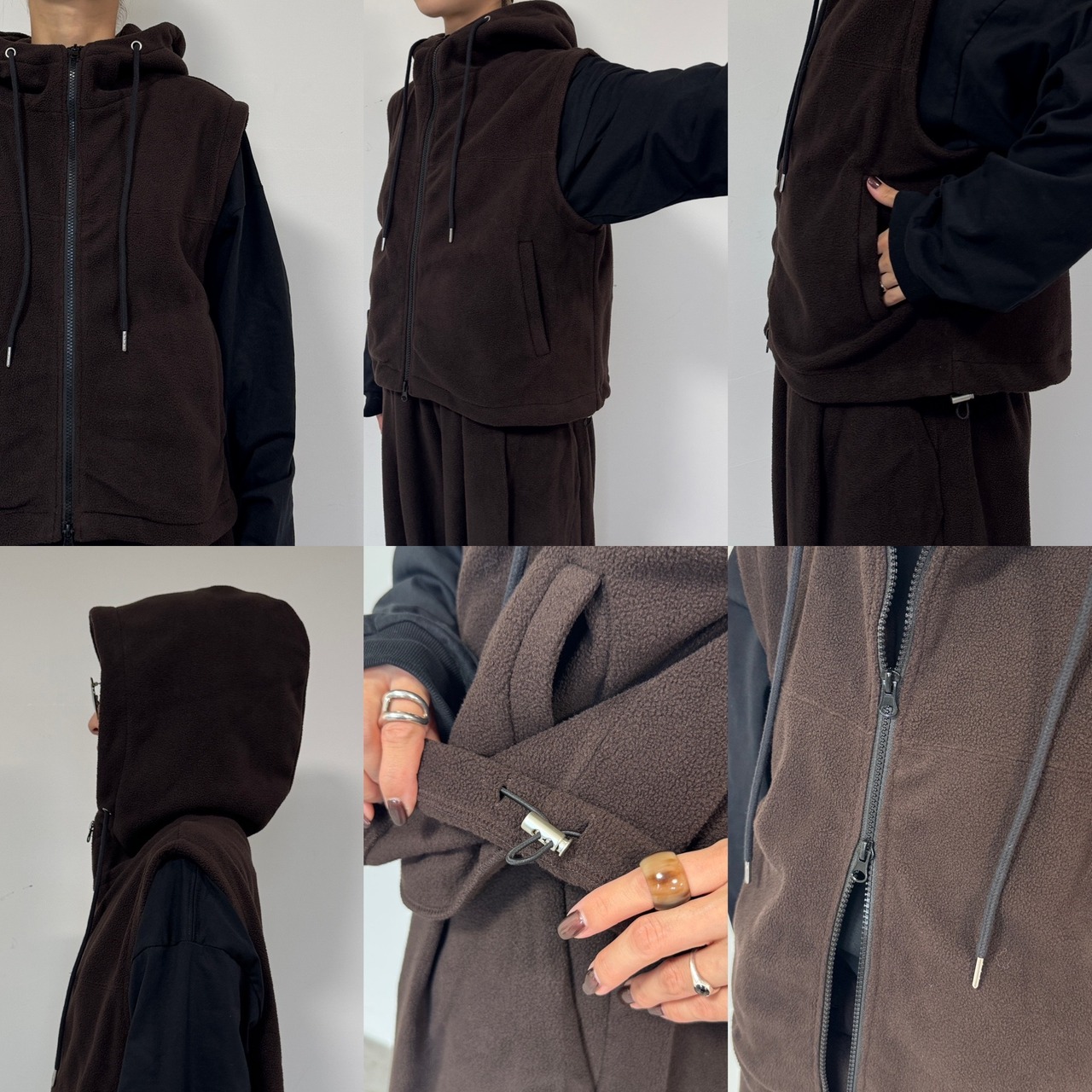 Wzipフリースフーディーvest/ブラウン