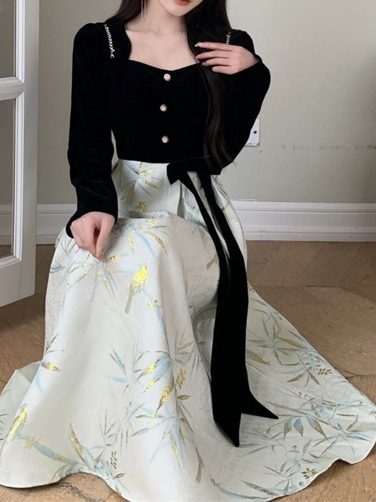 お呼ばれにピッタリな刺繍切替ワンピース スクエアネック フォーマル Aライン 大人可愛い 上品 お呼ばれ 体型カバー 大きいサイズ 韓国 CH9510