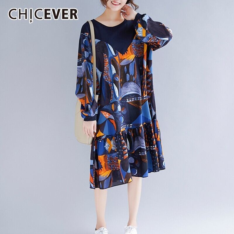 CHICEVERオータムプリントドレスレディースOネックランタンスリーブルーズフリル裾レディースドレス古着特大 ラッフル 秋物 ビンテージ 6base571819848427