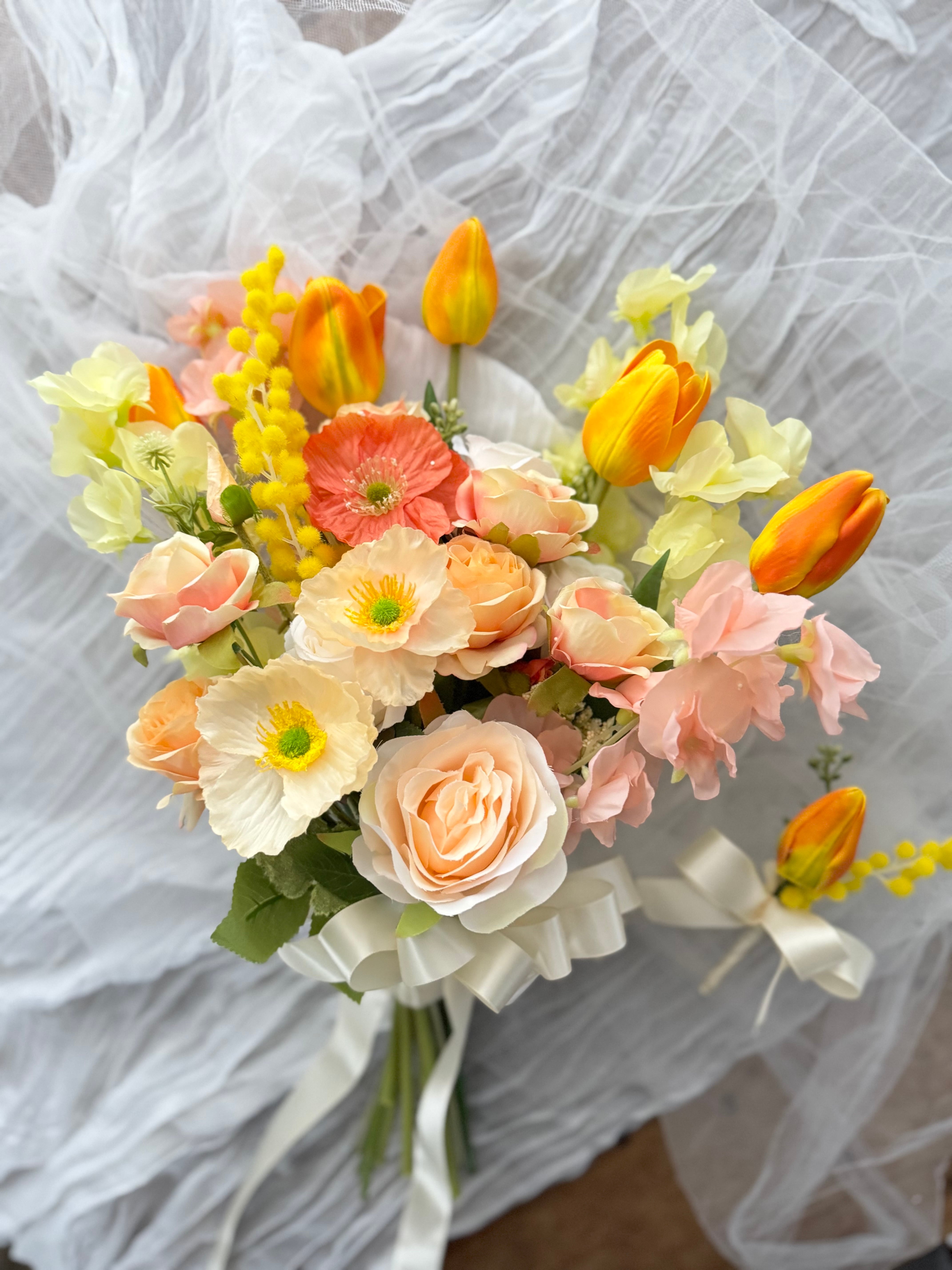 オレンジ イエロー チューリップ ポピー リボン ウェディングブーケ
