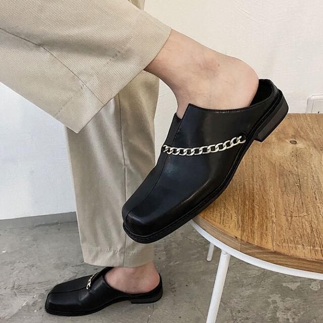 【予約販売】サンダル メンズ フラット ローファー チェーン バブーシュ スリッポン 靴 ブラック お洒落 こなれ感 韓国ファッション 24cm/24.5cm/25cm/25.5cm/26cm/26.5cm/27cm