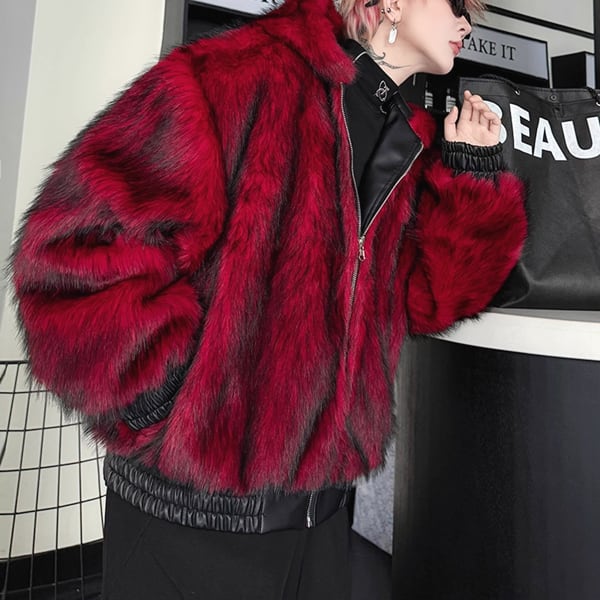 リバーシブルレッドフェイクファージップアップフーディPUブラックジャケット(ruf_02708)