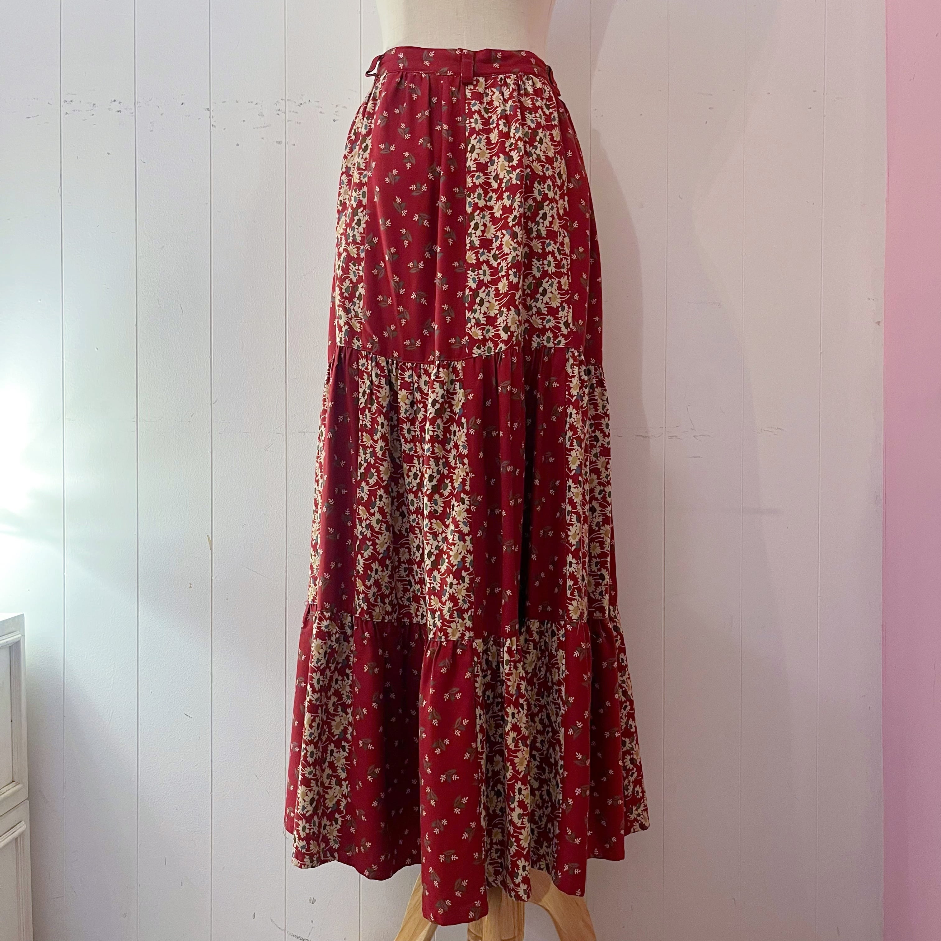 red flower patchwork tiered skirt