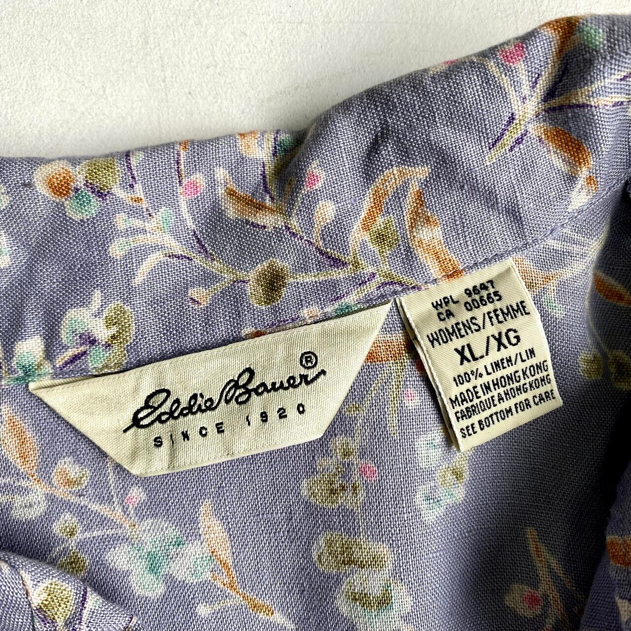 Eddie Bauer エディーバウアー 花柄 リネン ロング丈 半袖 シャツワンピース レディースXL 古着 フロントボタン パープル  紫色ワンピースSA   cave 古着屋公式古着通販サイト