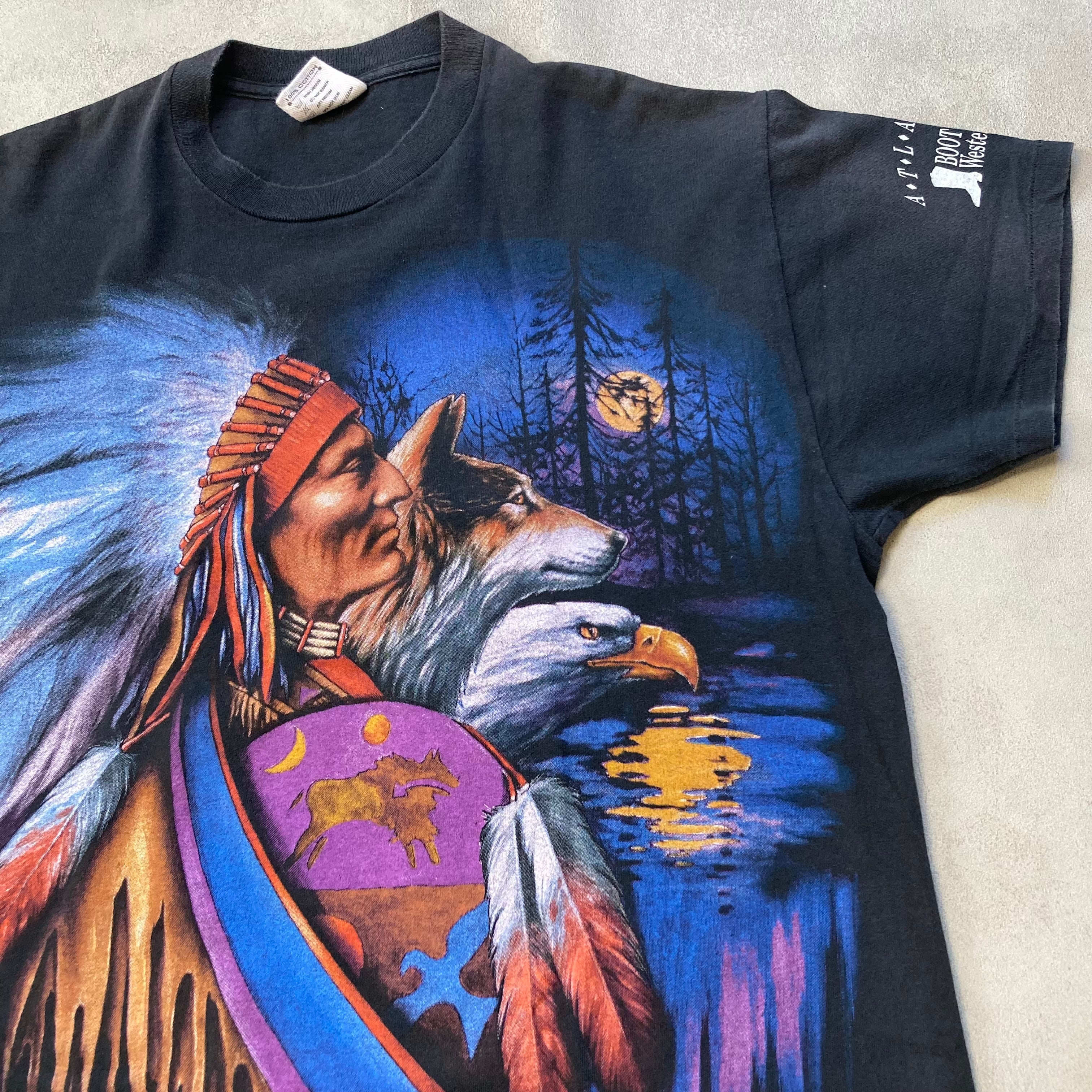 USA ヴィンテージ レーヨン ワンピース 90s 刺繍 アメリカ ビンテージ 90s USA製 ビンテージ ネイティブ インディアンヘッド ウルフ Tシャツ