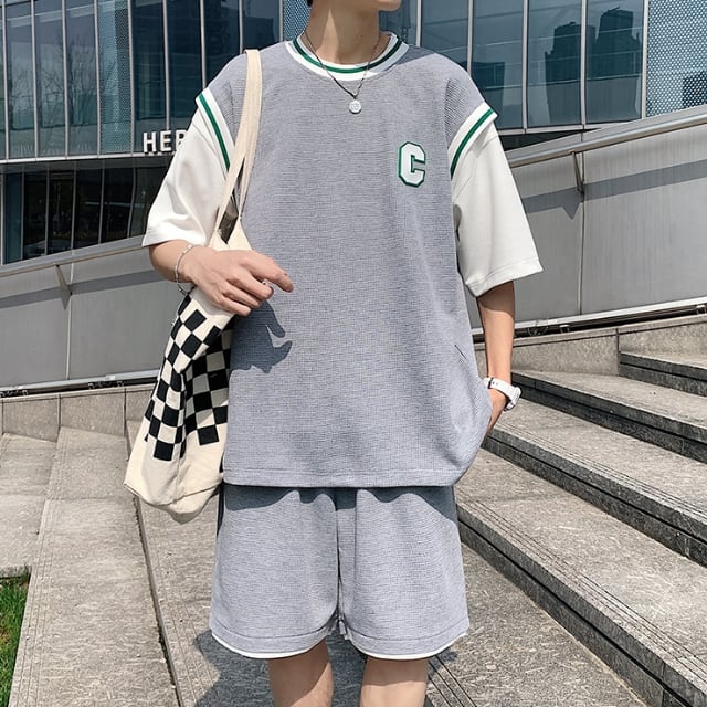 【予約販売】メンズ セットアップ スエット ワッフル 無地 上下 ノースリーブ タンクトップ ユニフォーム風 ハーフパンツ ストリート ブラック/グレー 部屋着 韓国 ジム スポーツウエア カジュアル 春 夏 大きいサイズ M/L/XL/2XL/3XL/4XL | favoriteselect