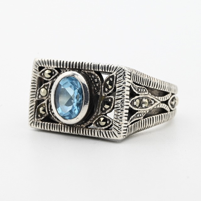 Blue Topaz / Marcasite Accent Graceful Square Top Ring #19.0 / Denmark