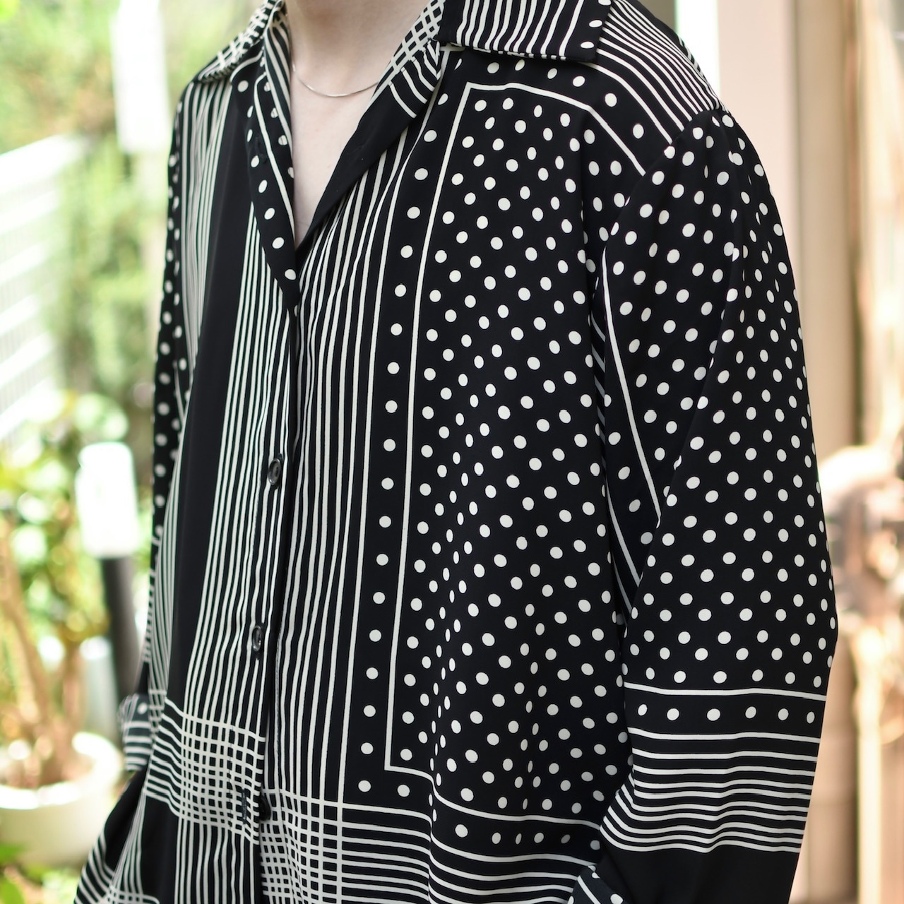 multi pattern open collar shirt