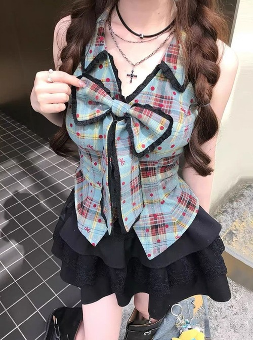 【2点セット】スキッパーカラーチェックリボントップス+ティアードスカート ・78689