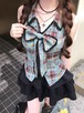 【2点セット】スキッパーカラーチェックリボントップス+ティアードスカート ・78689