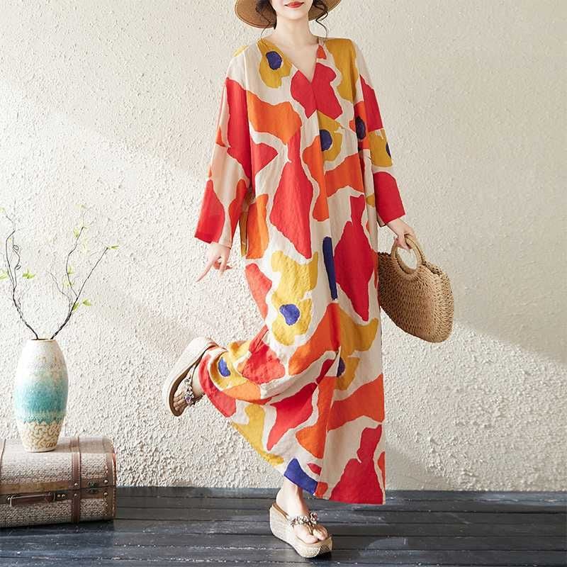 ART PRINT V-NECK WIDE MAXI PULLOVER DRESS 1color M-16044