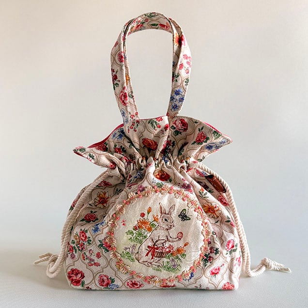 巾着ミニトートバッグ花柄『春待ちうさぎ』