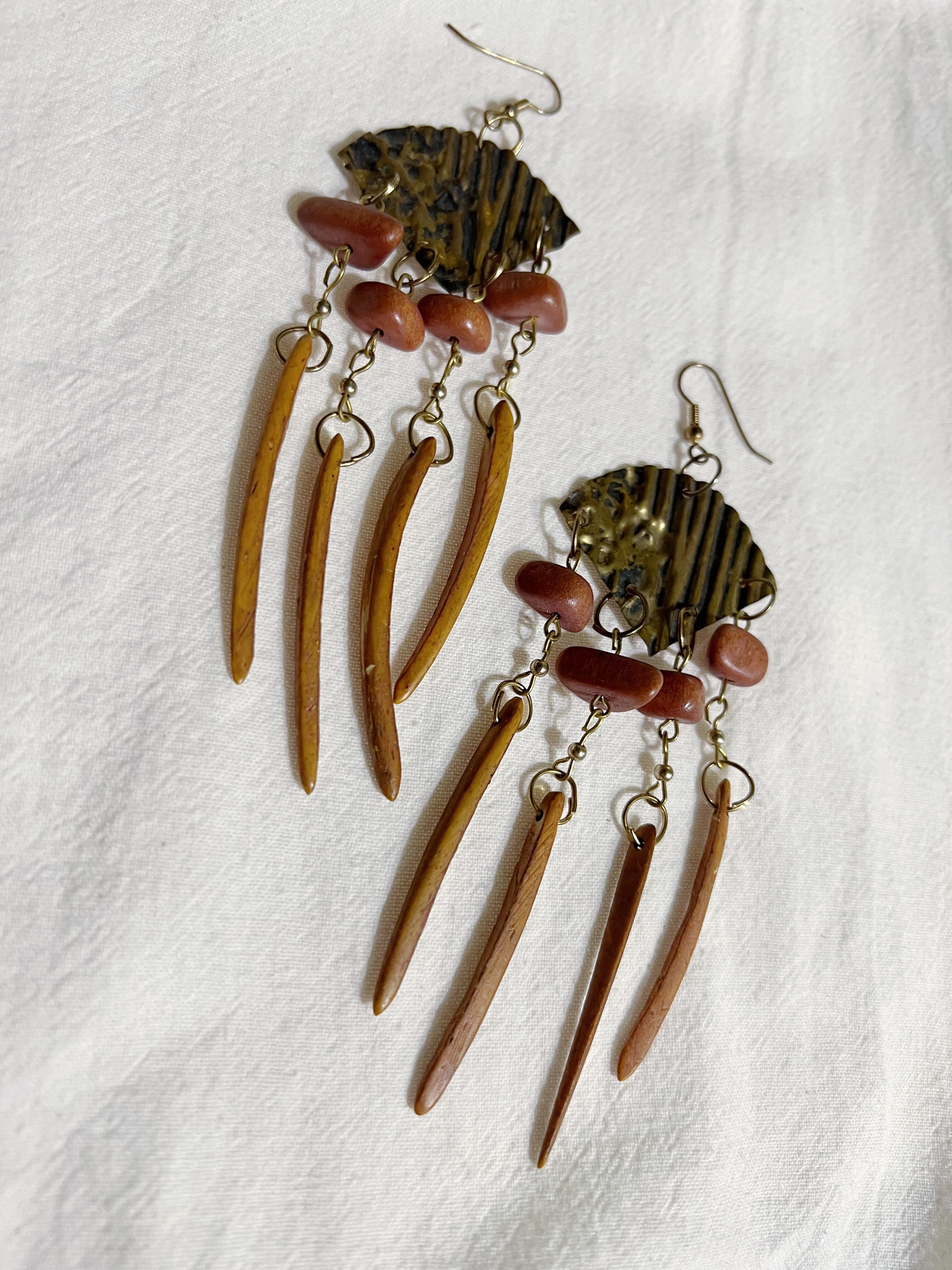 Vintage wood beads long pierced earrings ( ヴィンテージ  ウッドビーズ ロング ピアス )