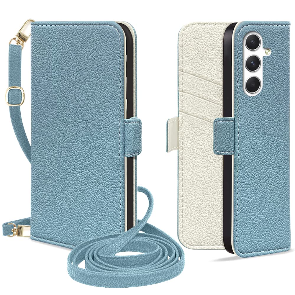 Kahper Galaxy A54 5G 用ケース 手帳型 ショルダー付き バイカラー SC-53D/SCG21 用カバー ブルー メ アイボリー