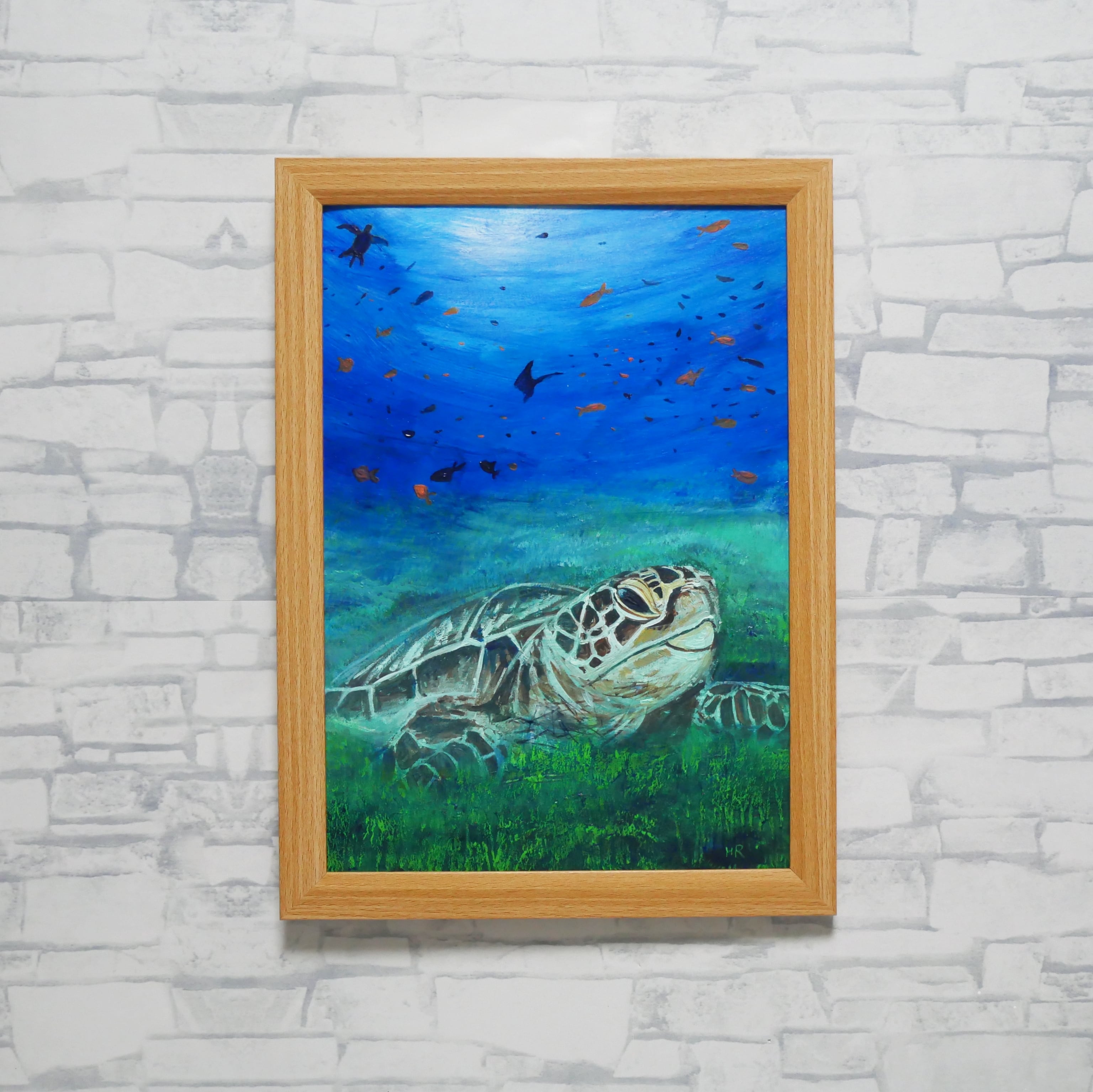 油絵 原画「光射す深海へ 〜癒やしのウミガメ〜」A4サイズ 額縁・金具付き 油絵 原画『光射す深海へ〜癒やしのウミガメ〜』額縁付き 絵画 海