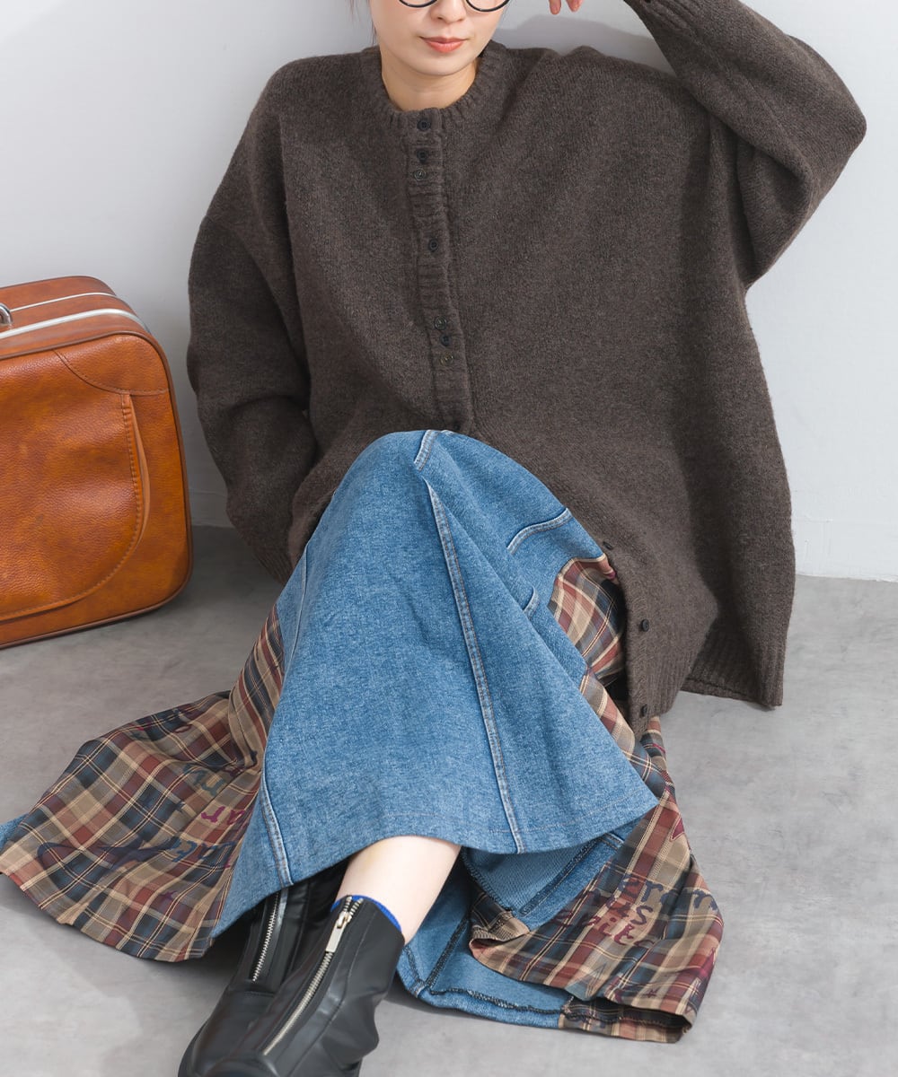 D54044 デニム×チェック切替スカート / Denim × Check Panel Skirt