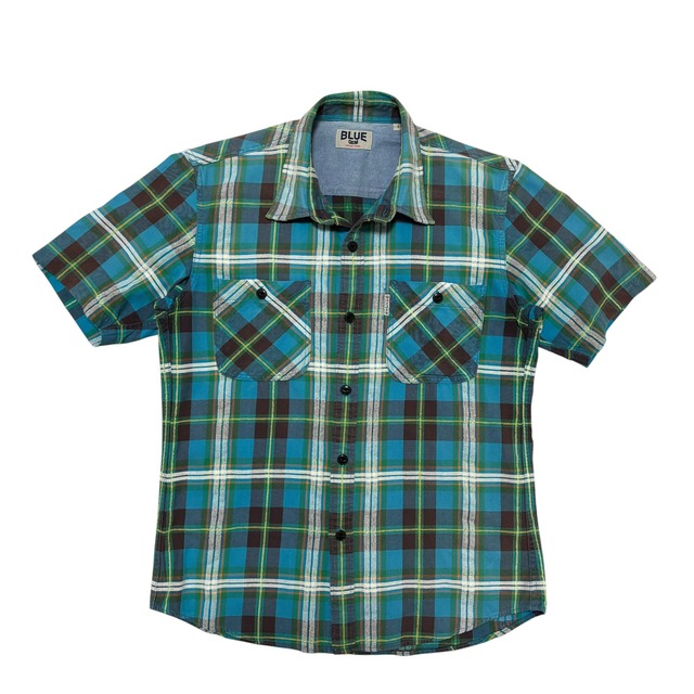 古着 ガイジンメイド GAIJIN MADE BLUE GEM 半袖ネルシャツ ワークシャツ クリーニング済み ハリラン メンズM相当