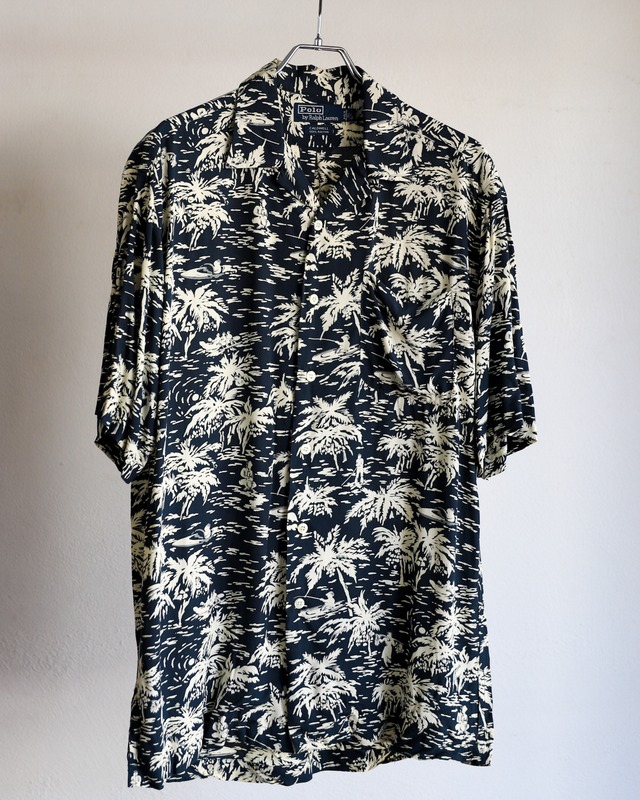 【極美品】90s Ralph Lauren special rayon open collar shirt big size S/S  "CALDWELL" navy/white extra condition  ／ ラルフローレン スペシャル レーヨン オープンカラー シャツ コードウェル ビッグサイズ L 白/ネイビー サマーシャツ 夏服 アロハ モノトーン エクストラコンディション
