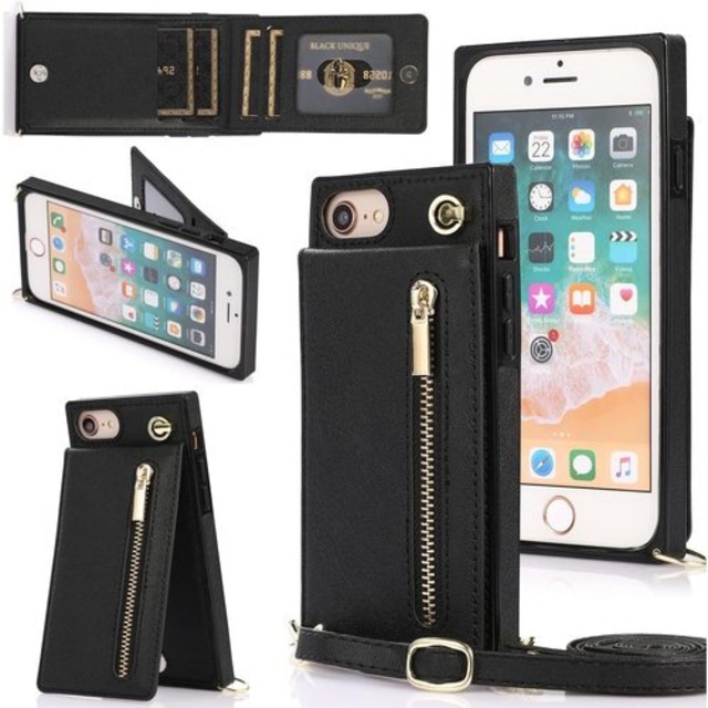 iPhone SE 2020 第2世代/ SE 2022 第3世代 ケース縄掛け iPhone 7/ 8 ケース手帳型 iPhone 6/ iPhone 6s 財布型ケース 肩掛け ストラップ付き 背面カバー 携帯カバー Pelanty PUレザー ICカード収納 お札入れ小銭入れ 磁気ボタン スタンド機能 アイフォンSE2/SE3/6/6S/7/8 スマホケース 耐衝撃 上下開-ブラック 1066