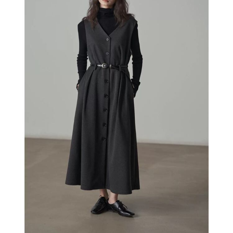 Vネックへリンボーン ジレワンピ 1col N00160